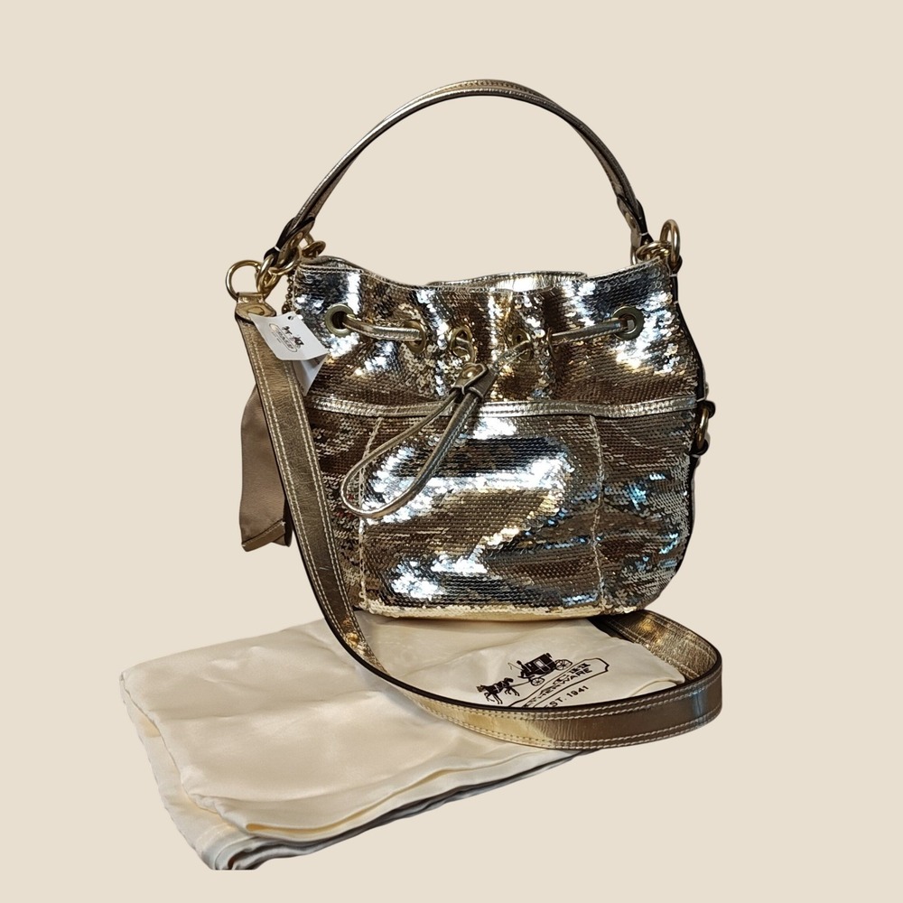 Coach Poppy Sequin Cinch Bag Crossbody Gold Metallic Drawstring 17906